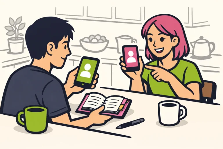 Twee mensen aan een tafel die met hun telefoons een profiel delen, naast een open adresboek.