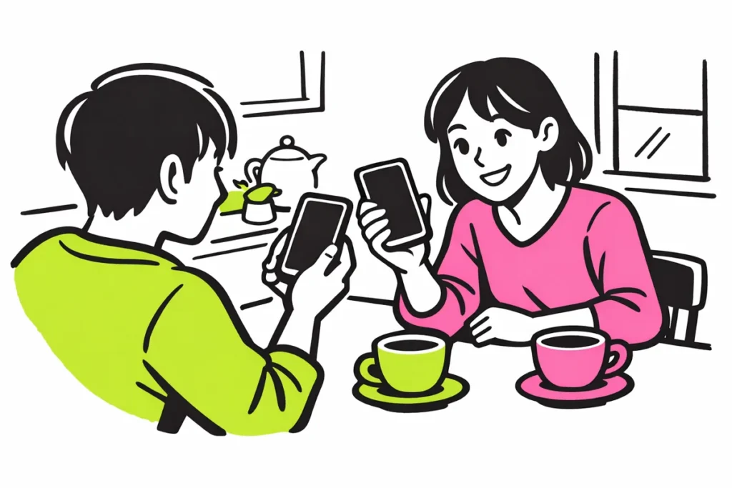 Twee mensen aan een keukentafel laten elkaar hun telefoon zien om een sociaal profiel te delen.