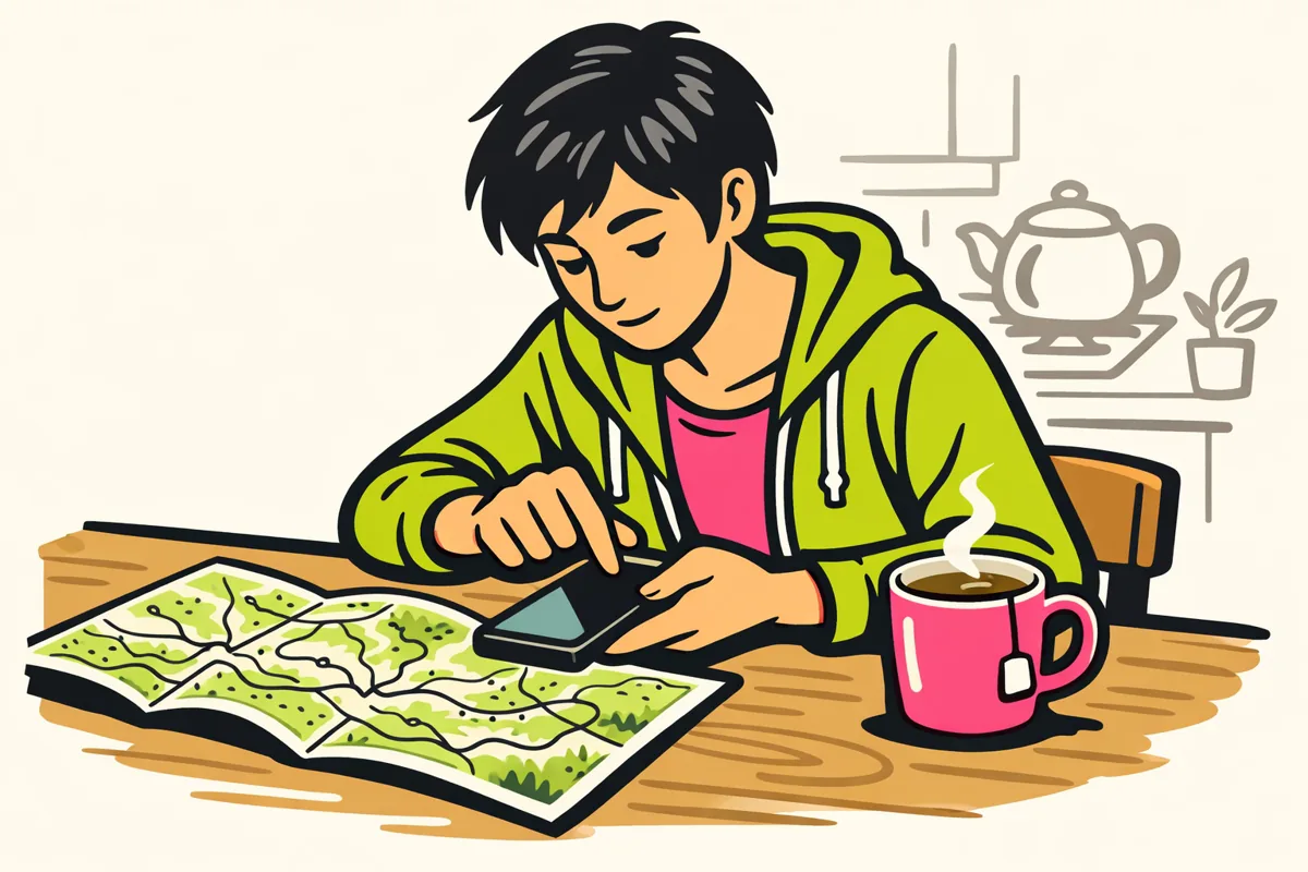 Illustratie van iemand die een smartphone bekijkt aan een tafel met een wandelkaart en thee.