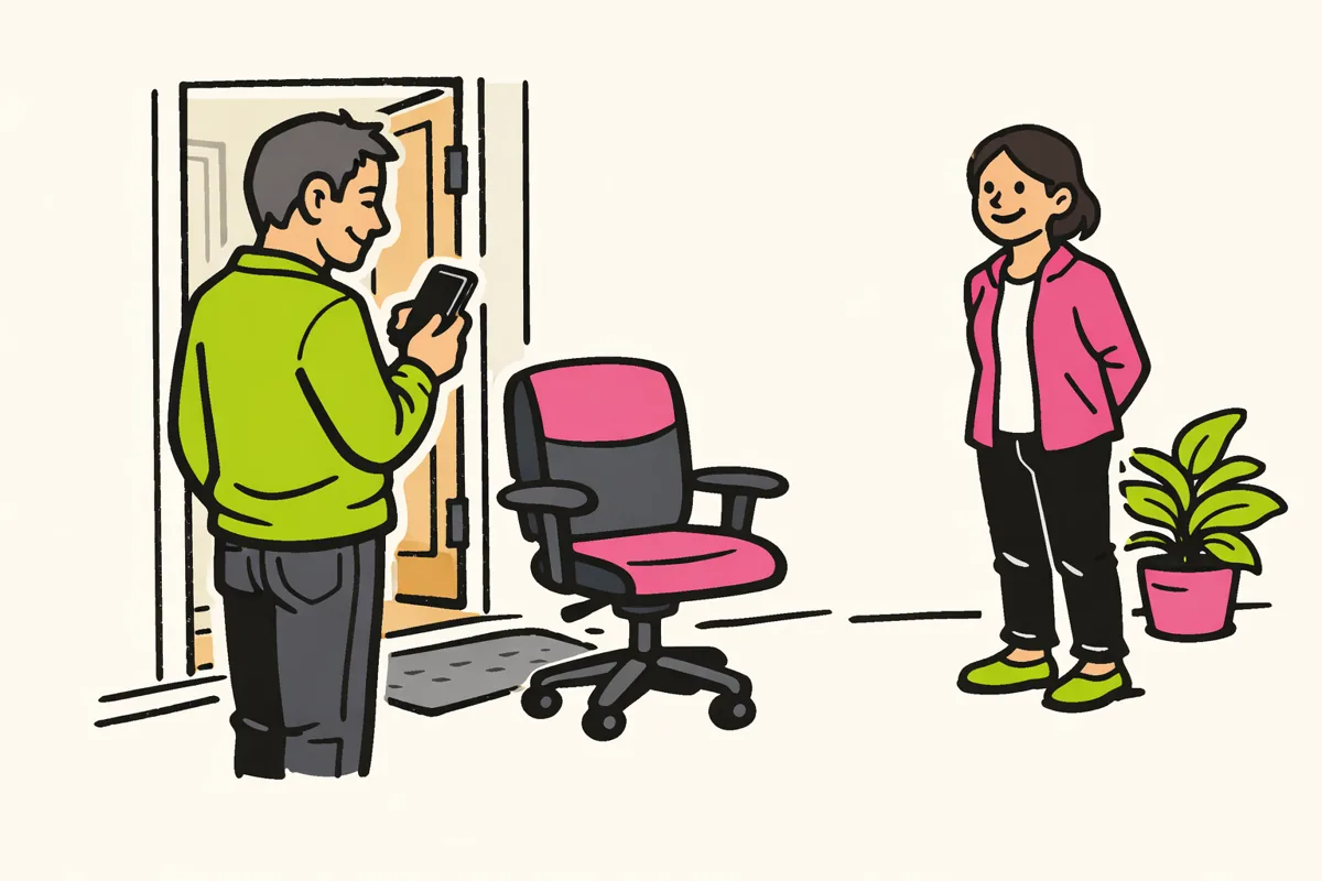Verkoper controleert de betaling op de eigen telefoon voordat een koper de bureaustoel meeneemt.