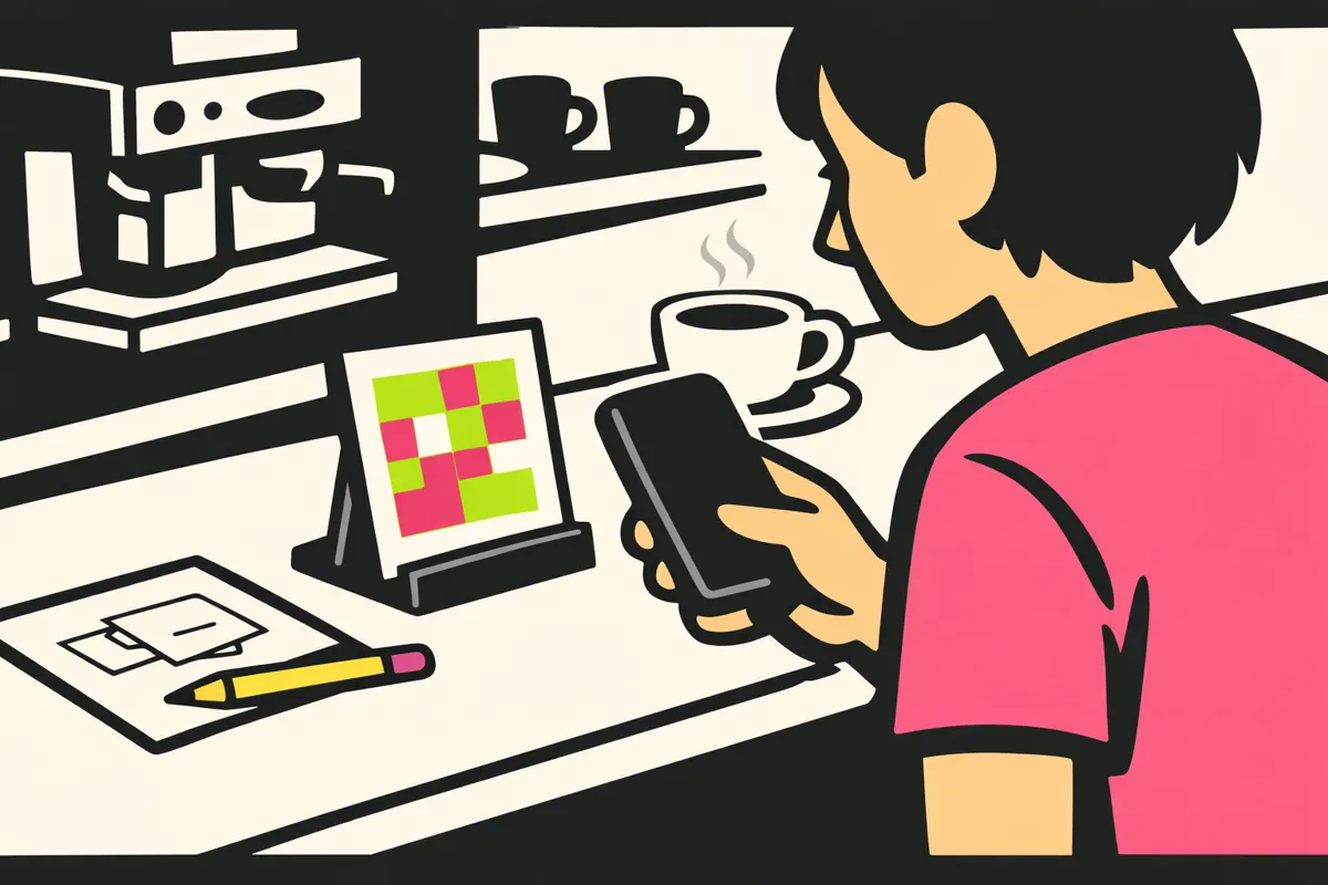Illustratie van iemand die met een telefoon een code op een toonbankkaartje scant.
