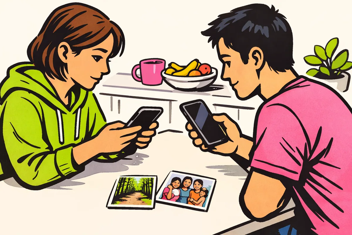 Twee personen bekijken op hun eigen telefoon of een Facebook profiel gevolgd kan worden.