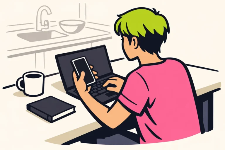 Persoon met een smartphone en laptop aan tafel om een TikTok link over te nemen.