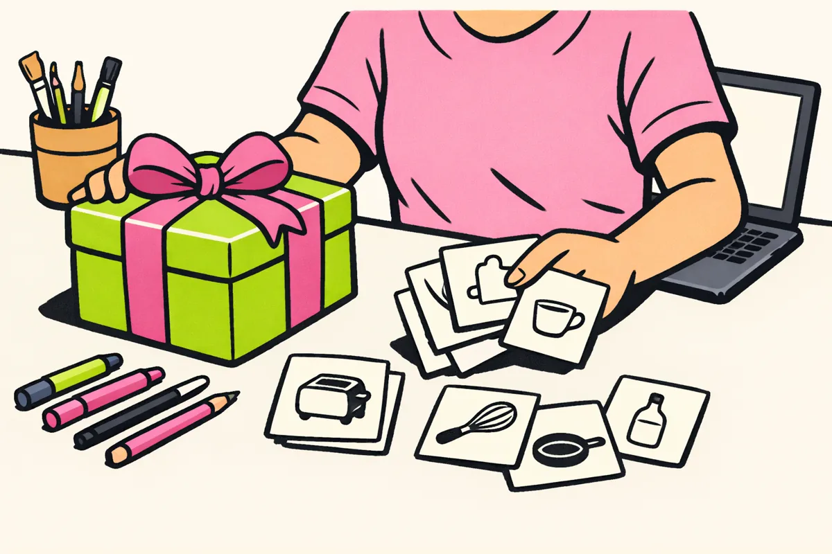 Persoon bereidt een winactie voor met een prijzenpakket, tekenmaterialen en creatieve inzendingen op tafel.