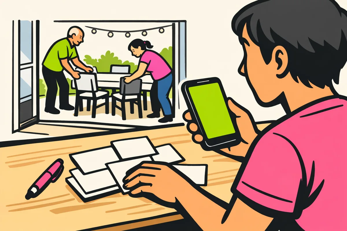 Persoon met een telefoon en uitnodigingskaartjes terwijl anderen een buurtfeest voorbereiden.