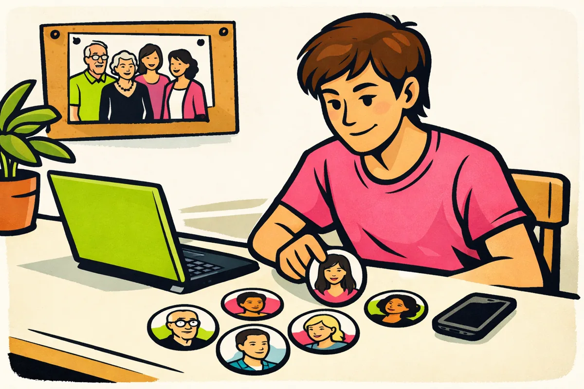 Illustratie van een vrijwilliger die aan een laptop bekenden kiest om voor een verenigingspagina uit te nodigen.