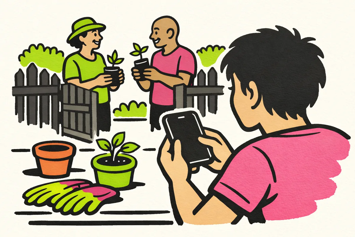 Illustratie van iemand met een telefoon en plantenstekjes, met buurtgenoten bij een tuinhek.