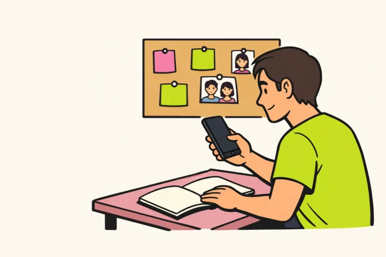 Illustratie van een persoon die op een telefoon een Facebook groep wil verlaten.