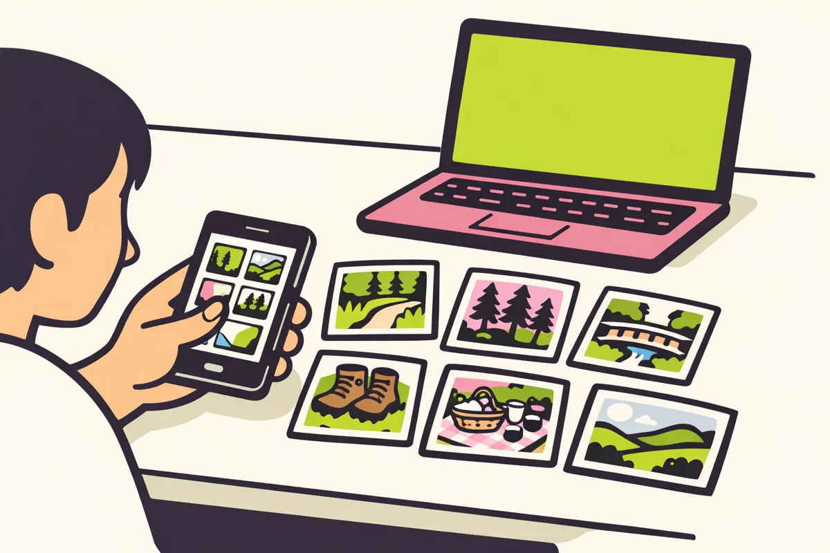 Persoon kiest op een telefoon foto's van een boswandeling voor een Facebook diavoorstelling.