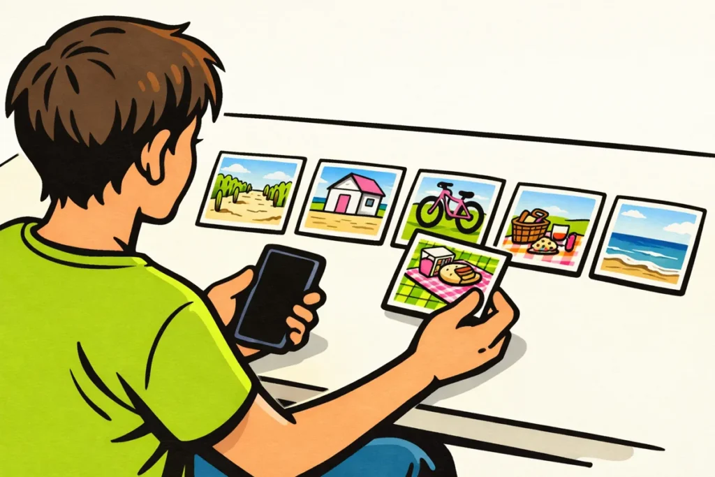 Persoon ordent vakantiefoto’s naast een telefoon om een TikTok slideshow te maken.