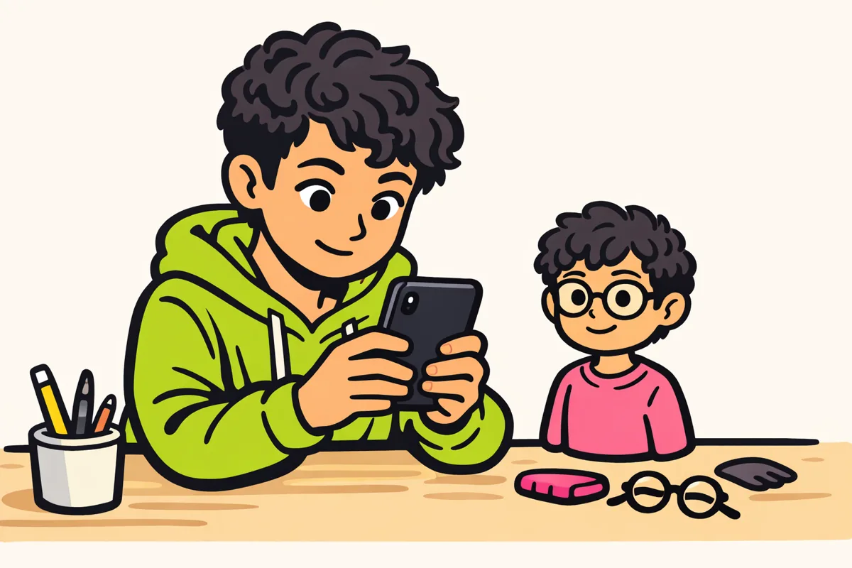 Persoon met een telefoon naast een getekende avatar met krullend haar en een ronde bril.