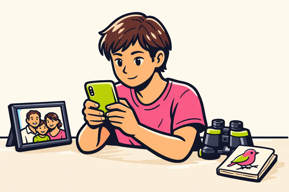 Persoon met een telefoon aan tafel, met een familiefoto en spullen voor vogels kijken naast elkaar.