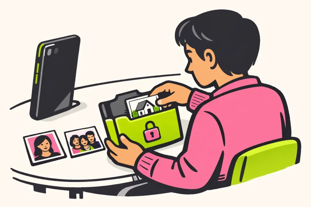Illustratie van iemand die op een telefoon de privacy controleert en persoonlijke foto’s afschermt.