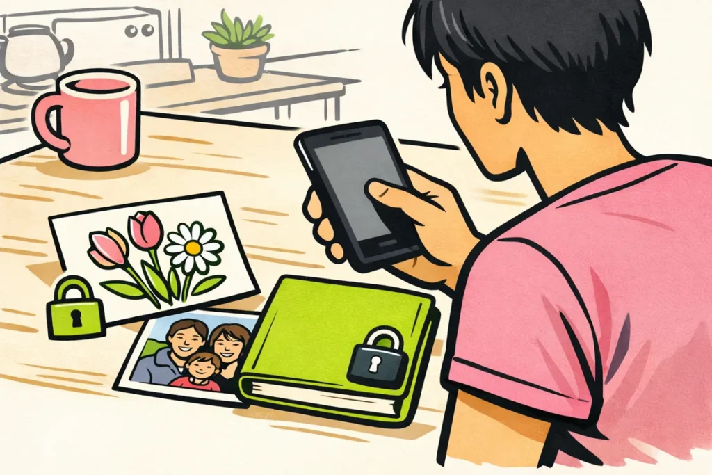 Illustratie van iemand die op een telefoon kiest welke foto openbaar mag worden en welke privé blijft.