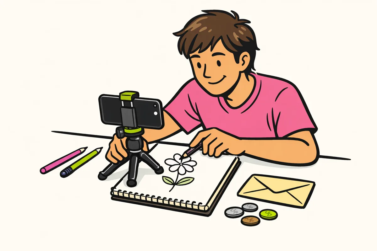 Illustratie van een maker die een tekenles filmt met een smartphone, met tekenmateriaal en enkele munten op tafel.