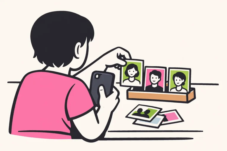 Persoon met een telefoon die één portretkaartje uit een houder met meerdere profielen haalt.